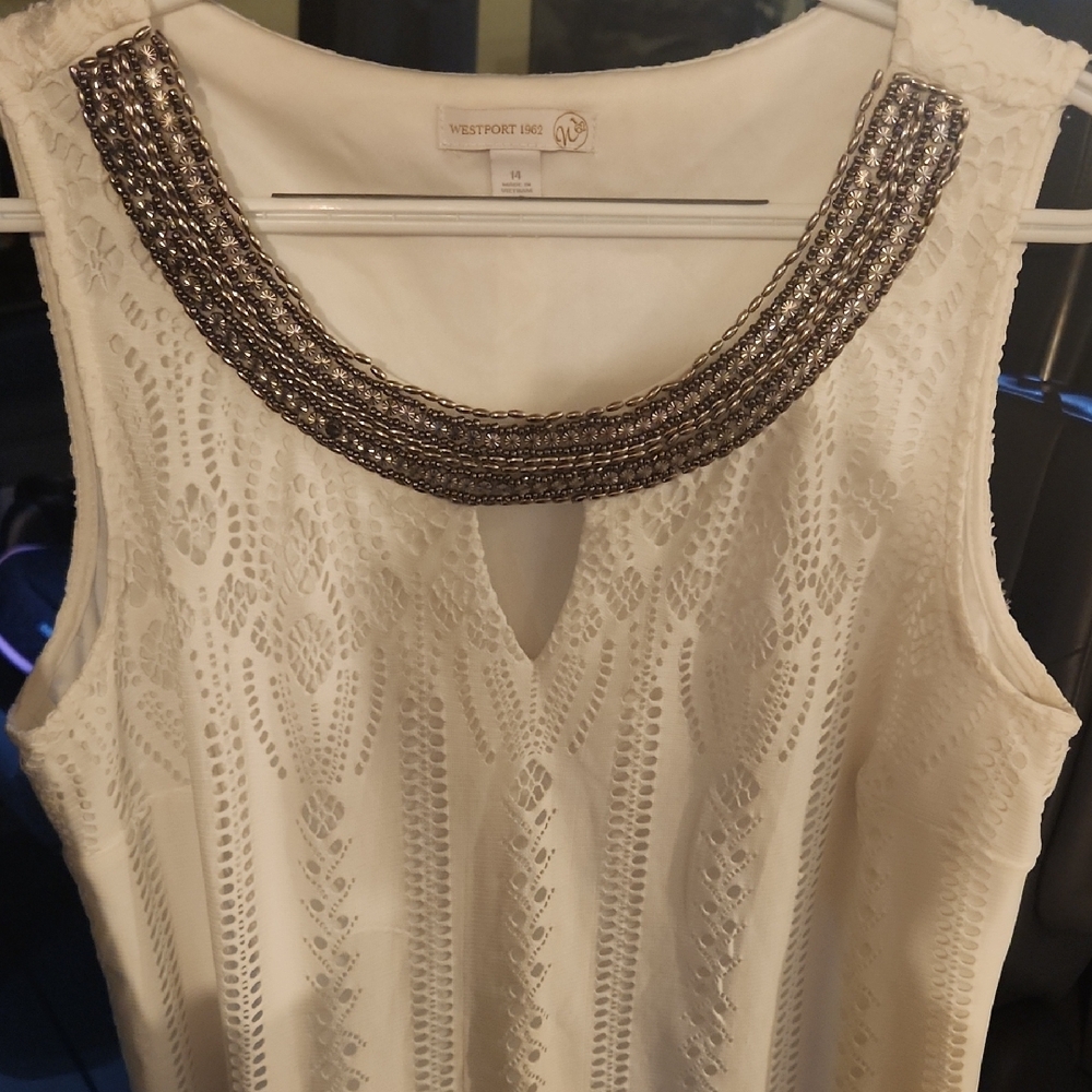 White Sleeveless Dress with Beaded Neckline